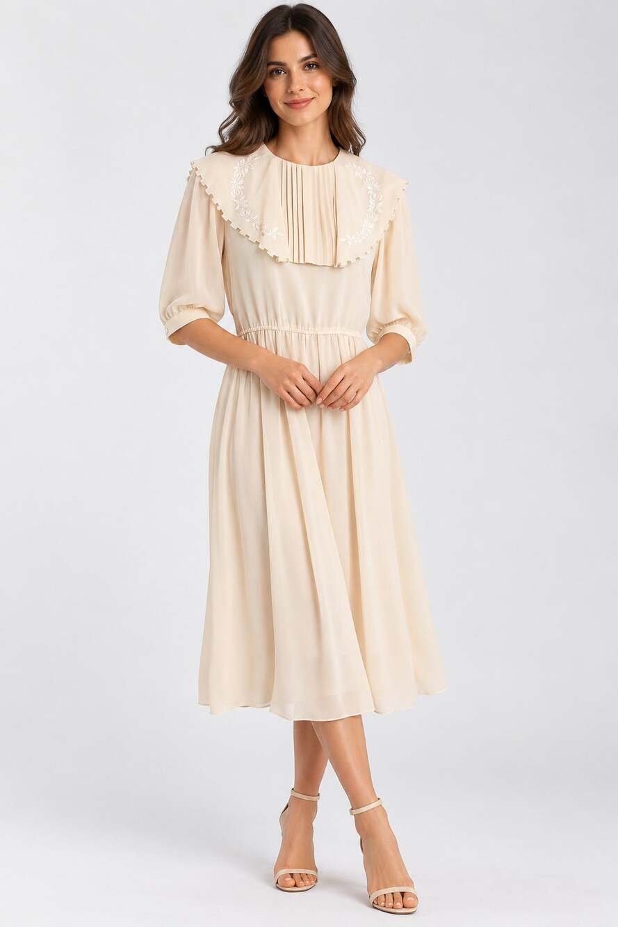 Vintage 80s Lilly Jack for Her Cream Embroidered Sailor Collar Midi Dress 7/8